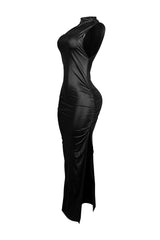 EDGE — black faux leather ruched maxi dress, side view flat lay