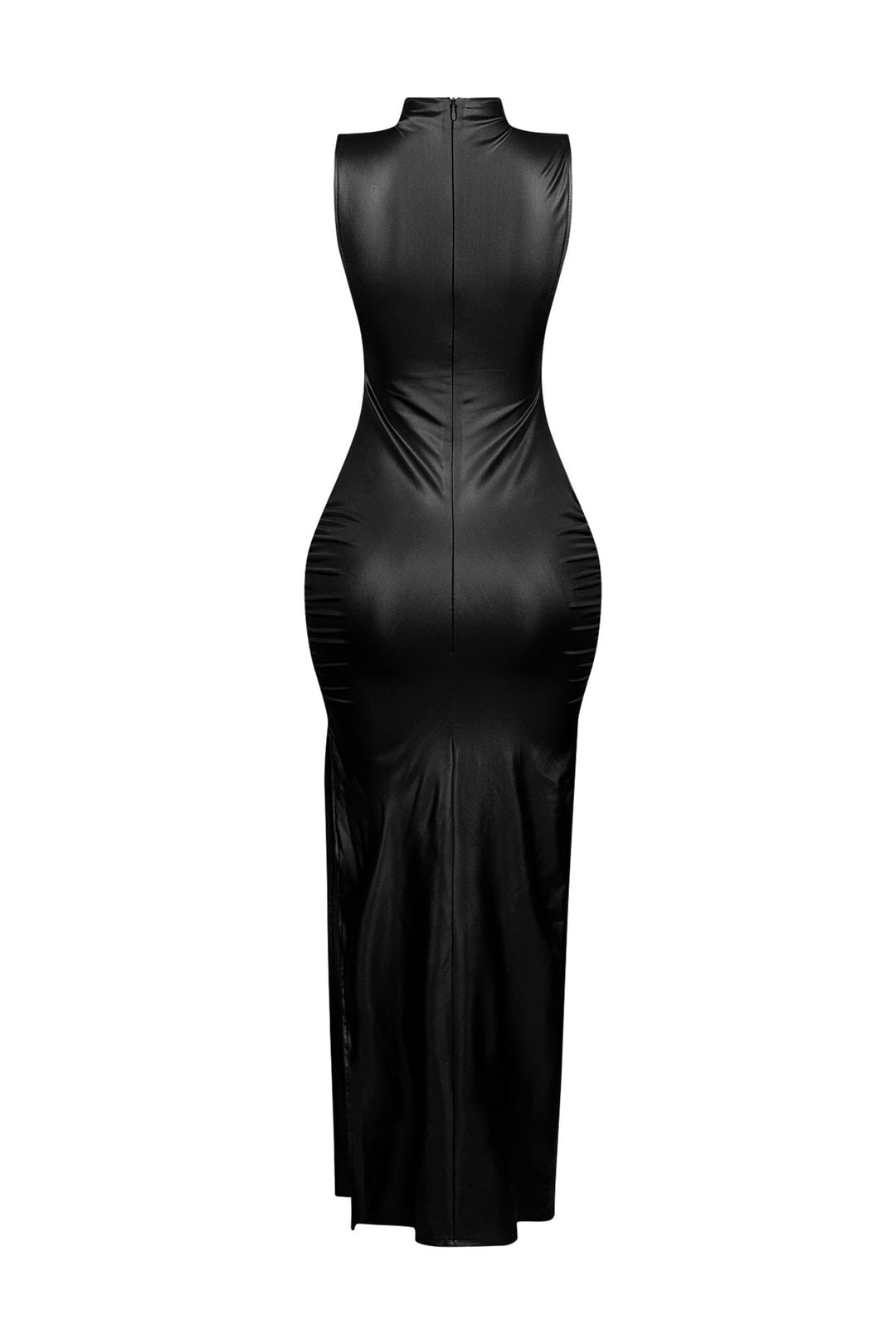 EDGE — black faux leather ruched maxi dress, back view flat lay
