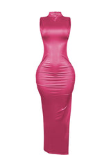 EDGE — fuchsia faux leather ruched maxi dress, front view flat lay