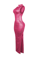 EDGE — fuchsia faux leather ruched maxi dress, side view flat lay