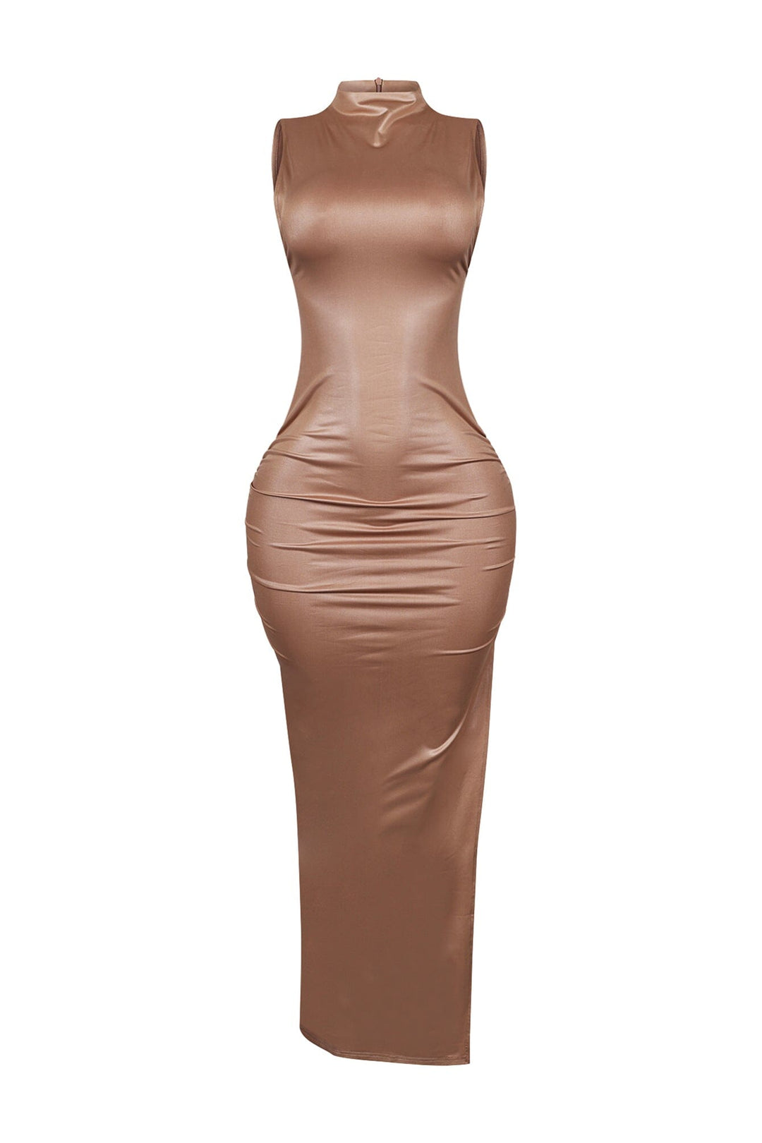 EDGE — nude faux leather ruched maxi dress, front view flat lay