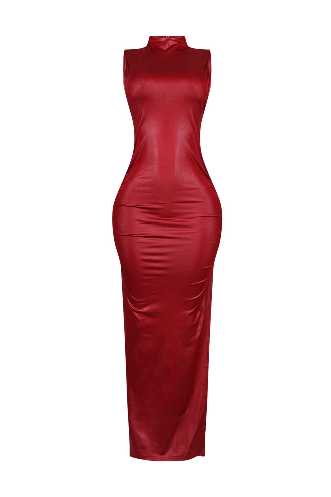 EDGE — red faux leather ruched maxi dress, front view flat lay