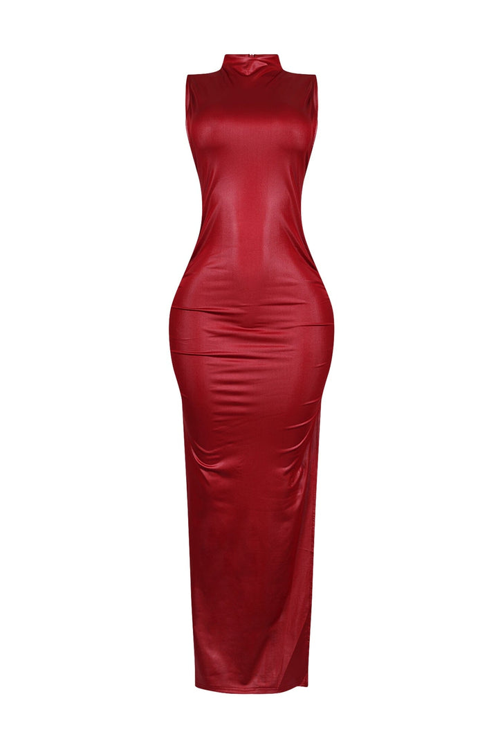 EDGE — red faux leather ruched maxi dress, front view flat lay