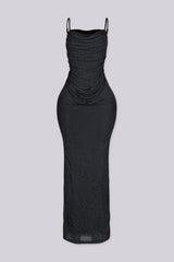 Fitted maxi dress with cowl neckline and adjustable thin straps featuring ruched draping throughout