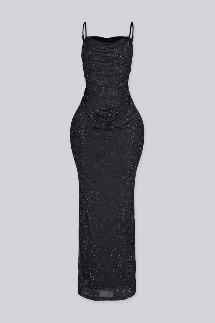 Fitted maxi dress with cowl neckline and adjustable thin straps featuring ruched draping throughout