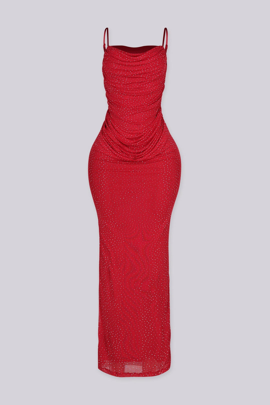 Fitted maxi dress with cowl neckline and adjustable thin straps featuring ruched draping throughout