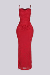 Fitted maxi dress with cowl neckline and adjustable thin straps featuring ruched draping throughout