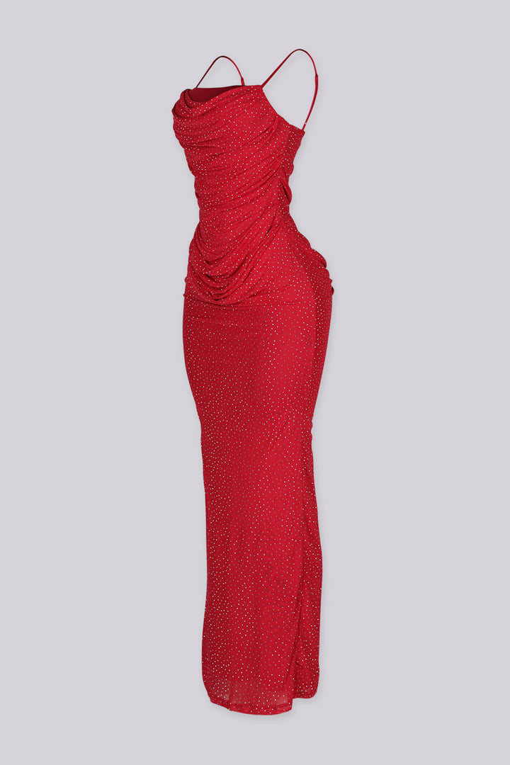 Marguerite Rhinestone Mesh Cowl Neck Maxi Dress
