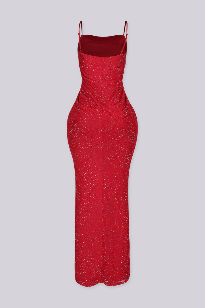 Marguerite Rhinestone Mesh Cowl Neck Maxi Dress
