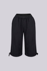 High waisted wide leg fleece capri pants featuring cinched hem with adjustable ties