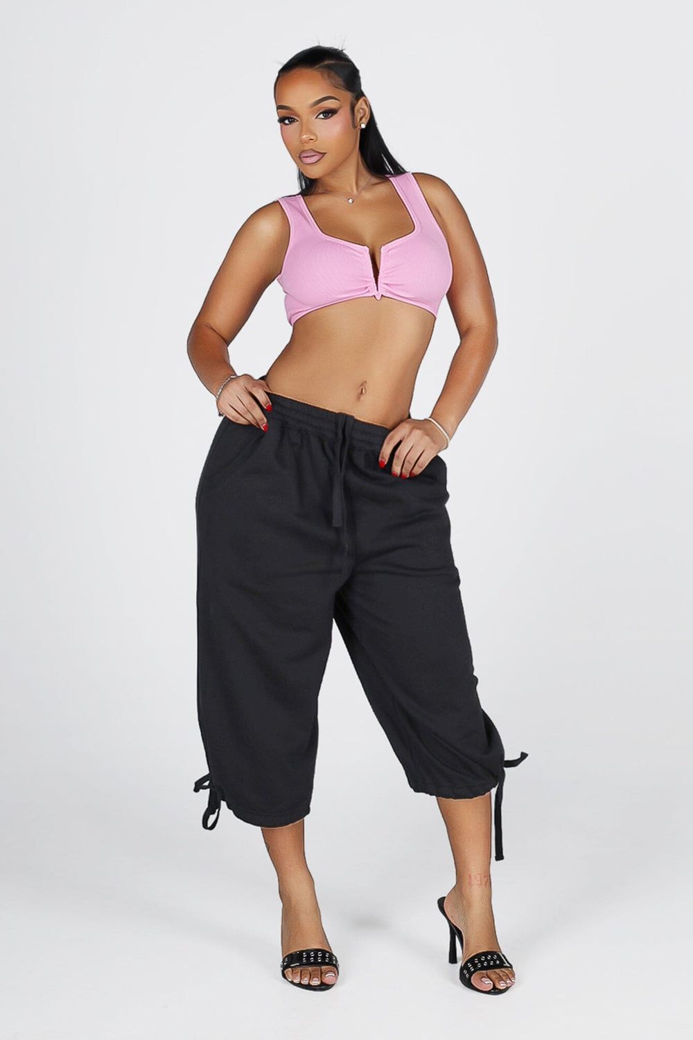 High waisted wide leg fleece capri pants featuring cinched hem with adjustable ties