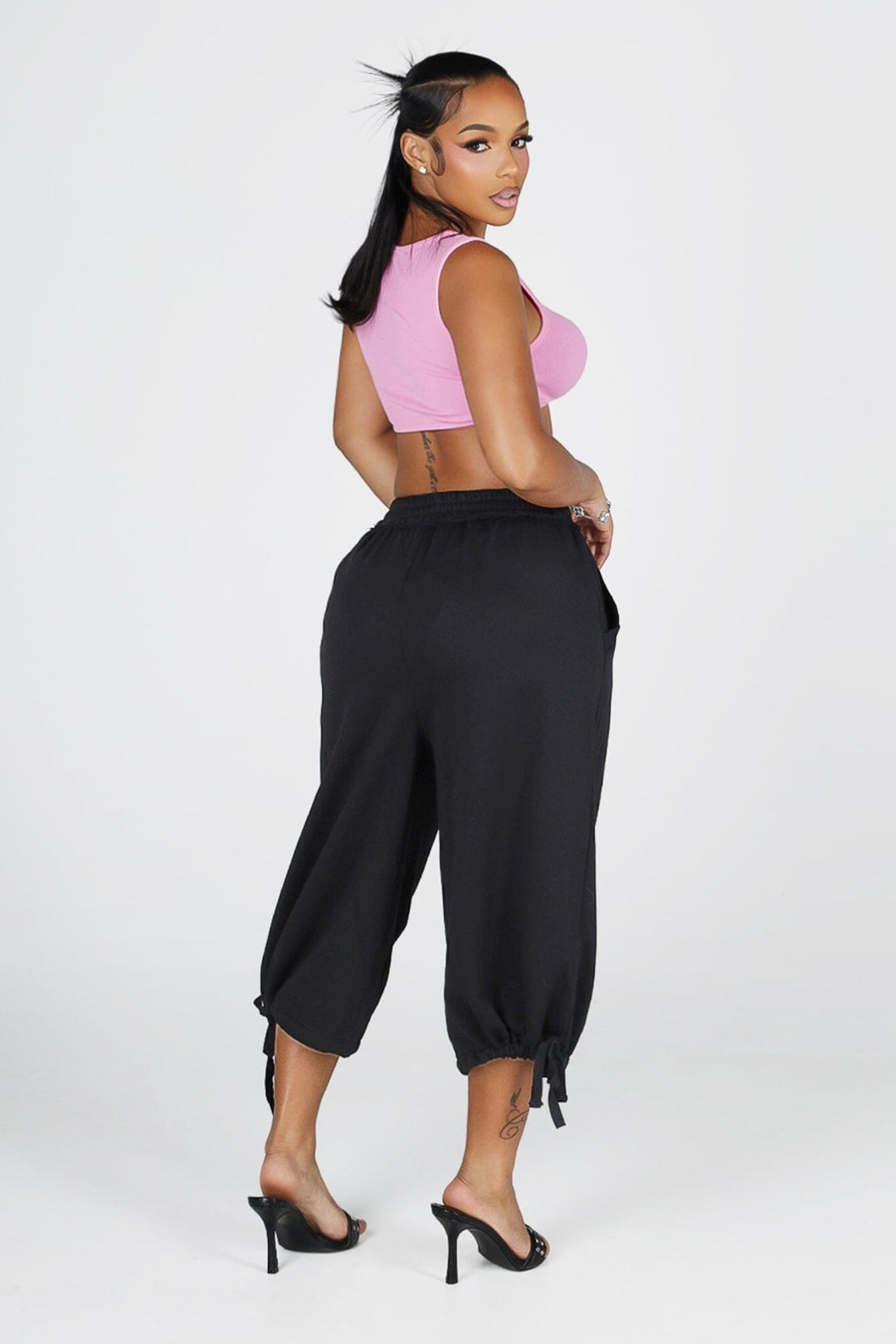 High waisted wide leg fleece capri pants featuring cinched hem with adjustable ties