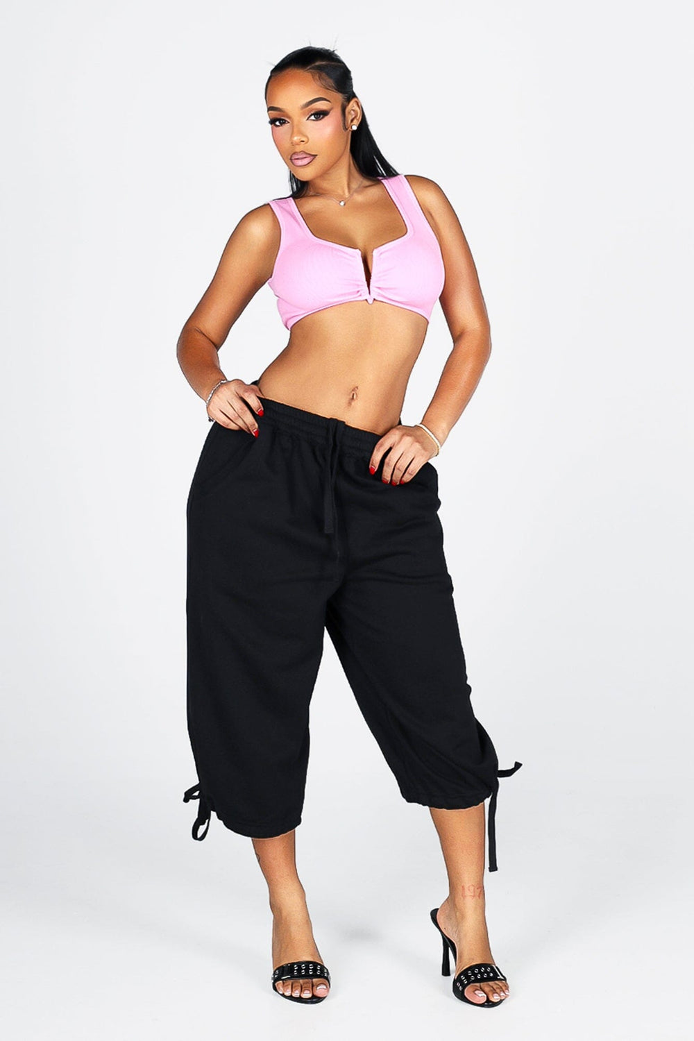 High waisted wide leg fleece capri pants featuring cinched hem with adjustable ties