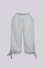 High waisted wide leg fleece capri pants featuring cinched hem with adjustable ties