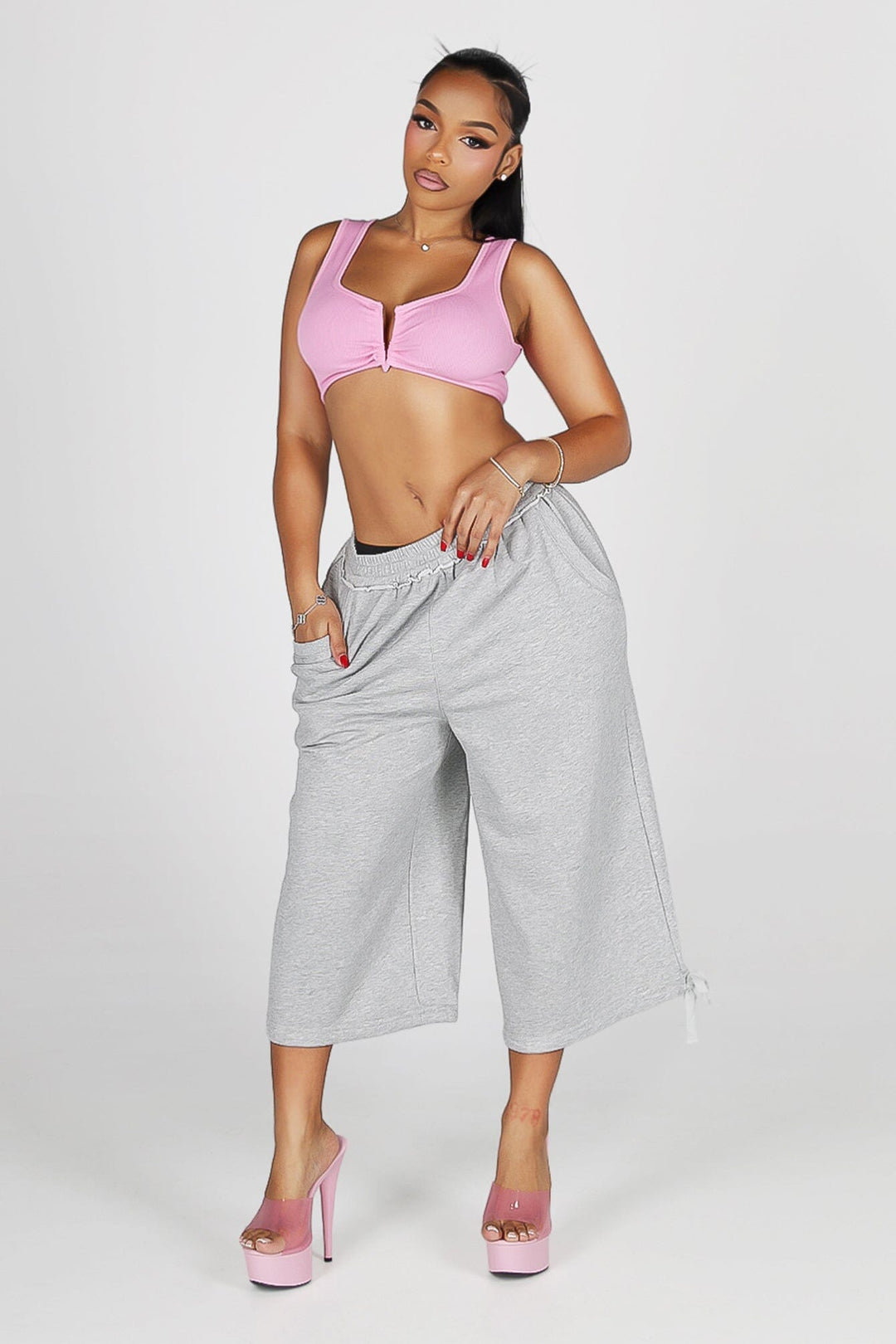 High waisted wide leg fleece capri pants featuring cinched hem with adjustable ties