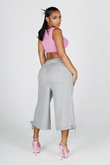 High waisted wide leg fleece capri pants featuring cinched hem with adjustable ties