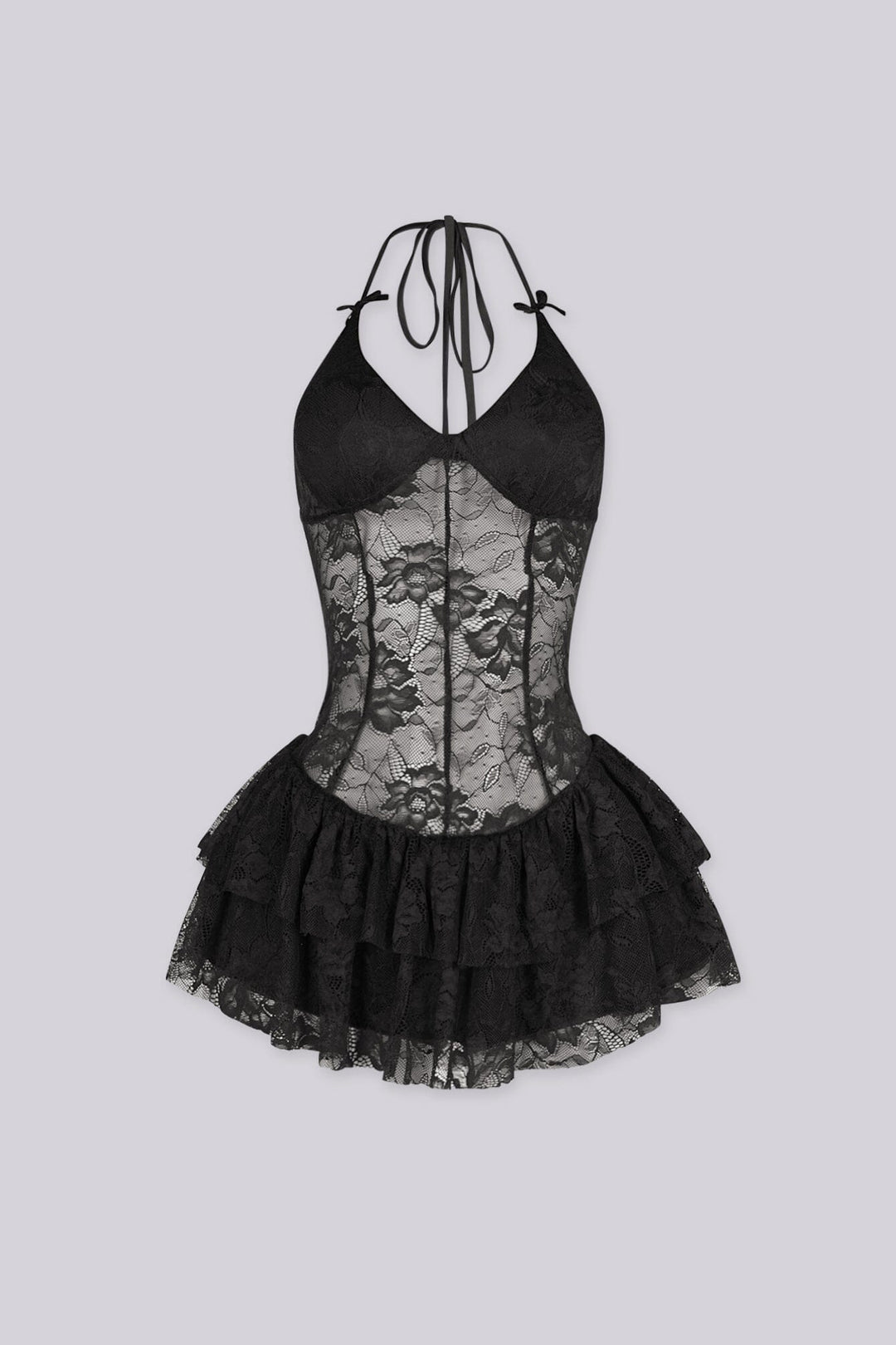 Fitted halter neck line mini dress with tie neck straps and velvet bow accents