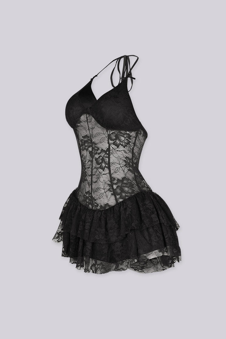 Marielle Lace Halter Ruffle Mini Dress