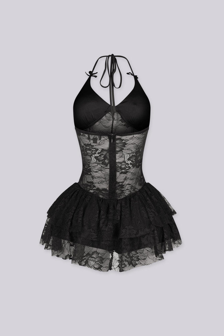 Marielle Lace Halter Ruffle Mini Dress