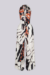 Marble printed halter neckline crop top with a deep V plunging cut to the waist
Adjustable tie back closure