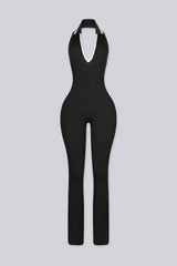 Sleeveless fitted jumpsuit with halter V neckline and contrast trim collar