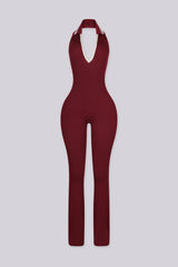 Sleeveless fitted jumpsuit with halter V neckline and contrast trim collar
