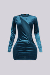 Long sleeve fitted mini dress with boat neckline and large diagonal cutout featuring gold stud accents
