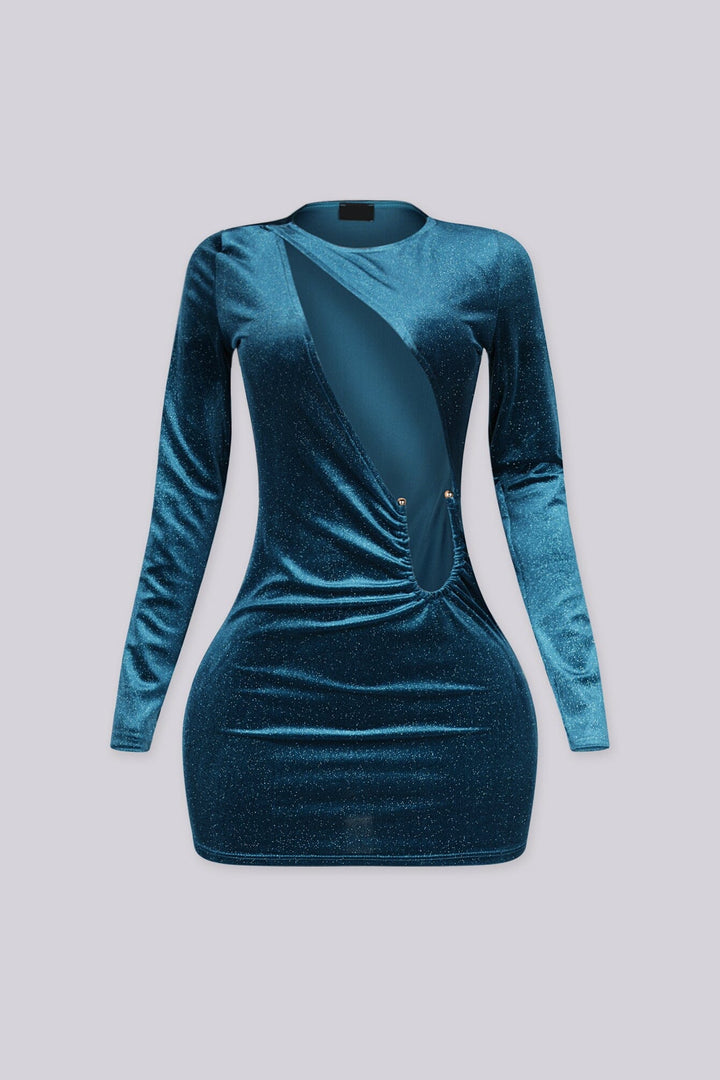 Long sleeve fitted mini dress with boat neckline and large diagonal cutout featuring gold stud accents