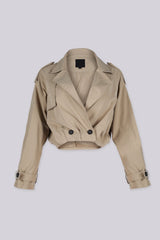 Cropped trench style jacket with an exaggerated fold over collar