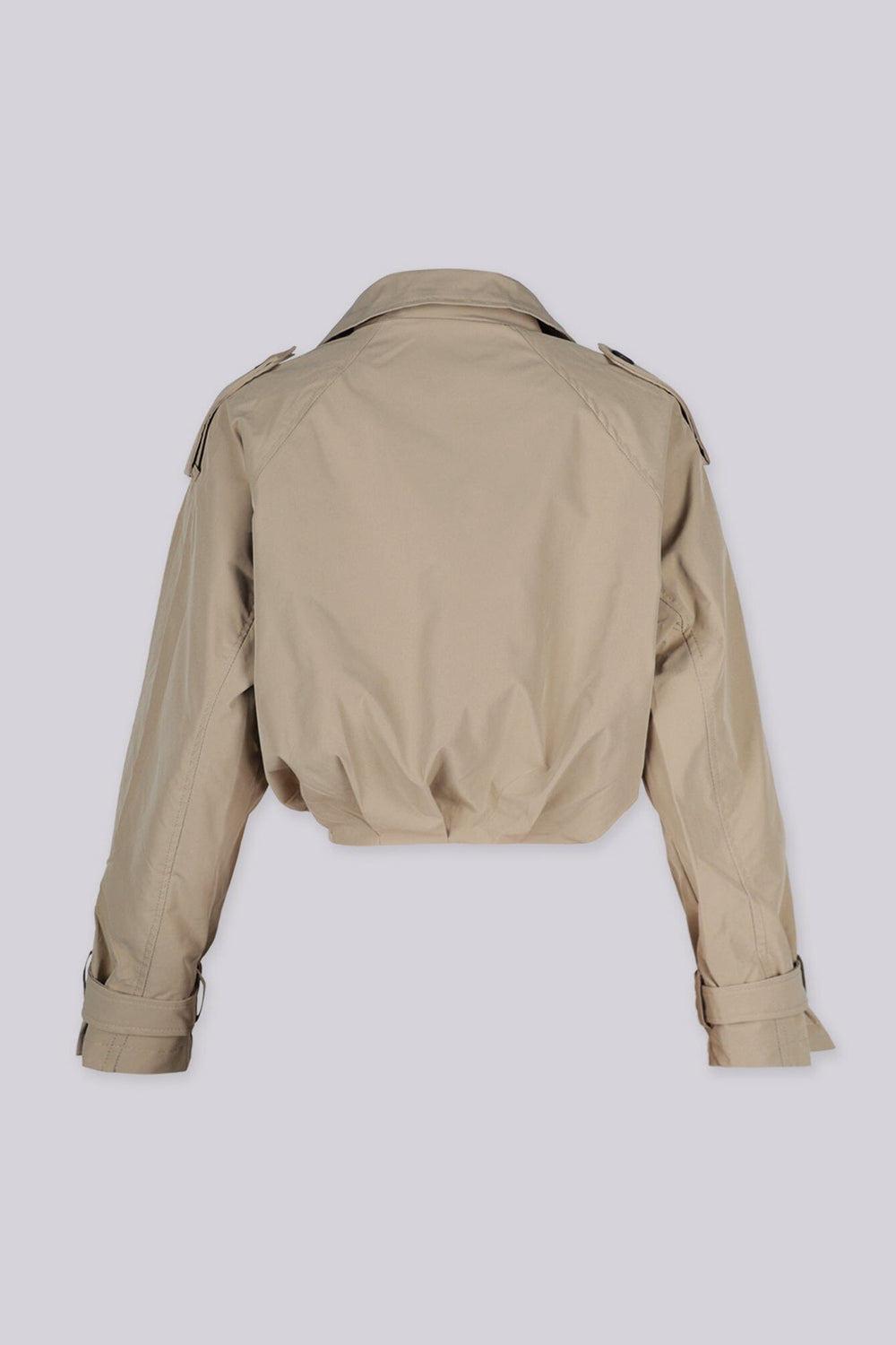 Cropped trench style jacket with an exaggerated fold over collar