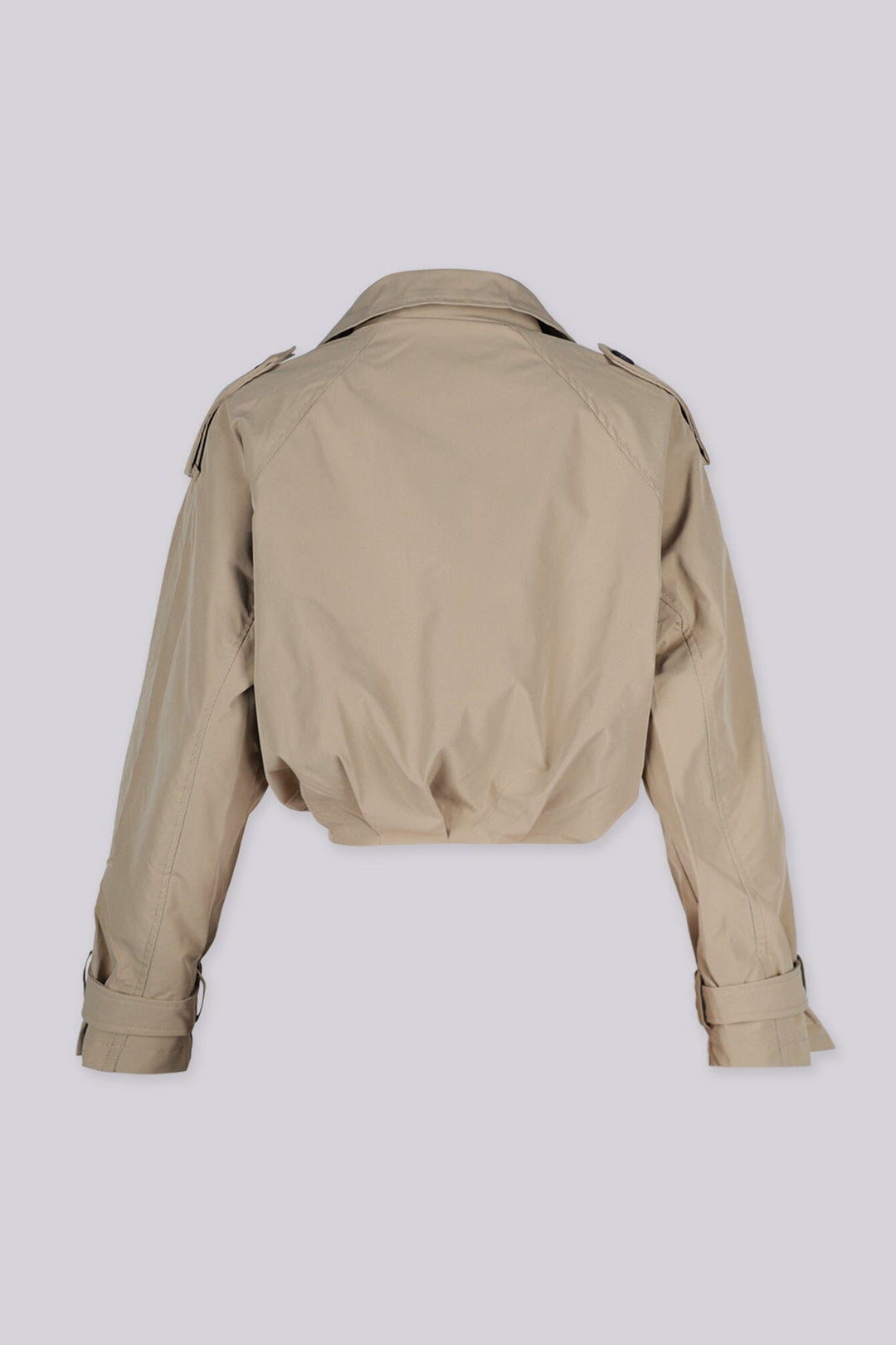 Cropped trench style jacket with an exaggerated fold over collar