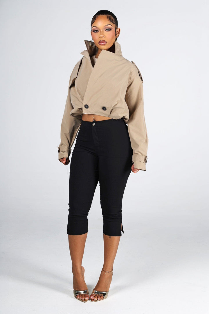 Cropped trench style jacket with an exaggerated fold over collar