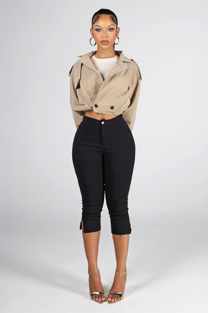 Cropped trench style jacket with an exaggerated fold over collar