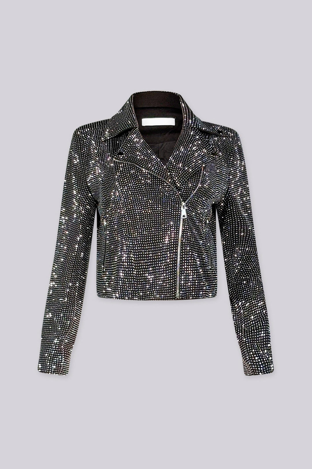 Cropped long sleeve jacket with a notched lapel collar featuring all over rhinestone embellishment and zip pockets