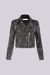 Cropped long sleeve jacket with a notched lapel collar featuring all over rhinestone embellishment and zip pockets