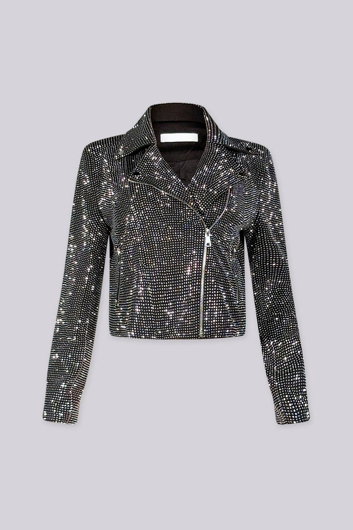 Cropped long sleeve jacket with a notched lapel collar featuring all over rhinestone embellishment and zip pockets