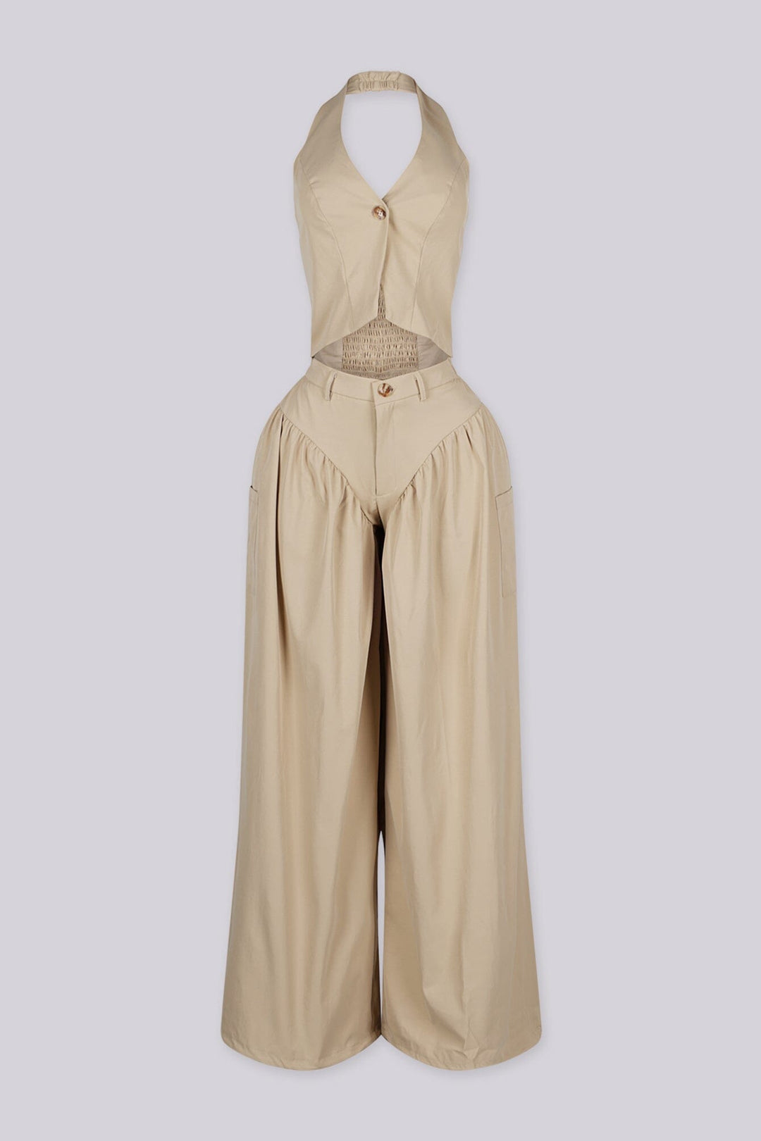 Halter crop top featuring a plunging neckline with&nbsp;a peekaboo waist cutout, front view.