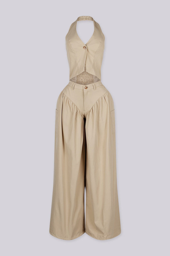 Halter crop top featuring a plunging neckline with&amp;nbsp;a peekaboo waist cutout, front view.