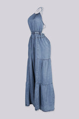 EDGEBYKS - Denim halter jumpsuit with balloon sleeves and elastic cuffs, side view