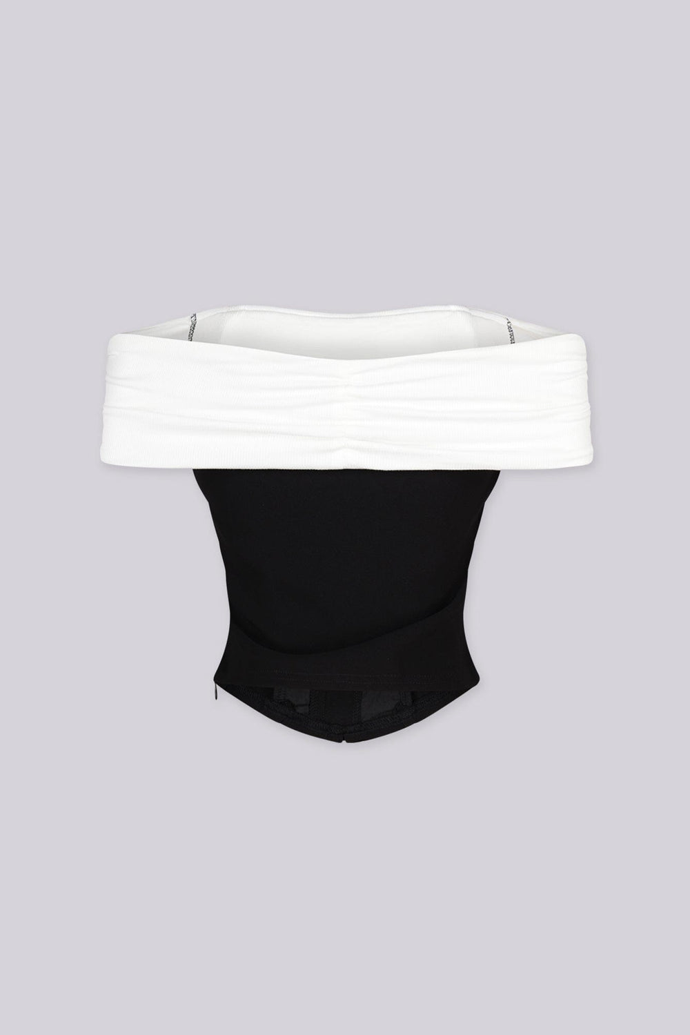 EDGEBYKS - Structured corset top featuring a off shoulder ruched neckline that folds softly, back view