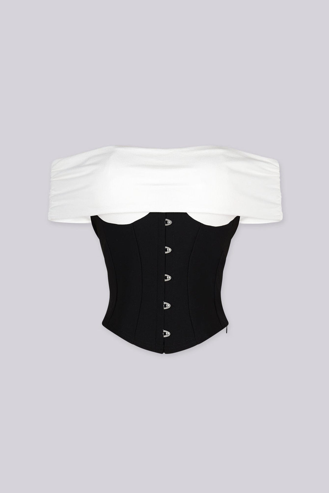 EDGEBYKS - Structured corset top featuring a off shoulder ruched neckline that folds softly, front view