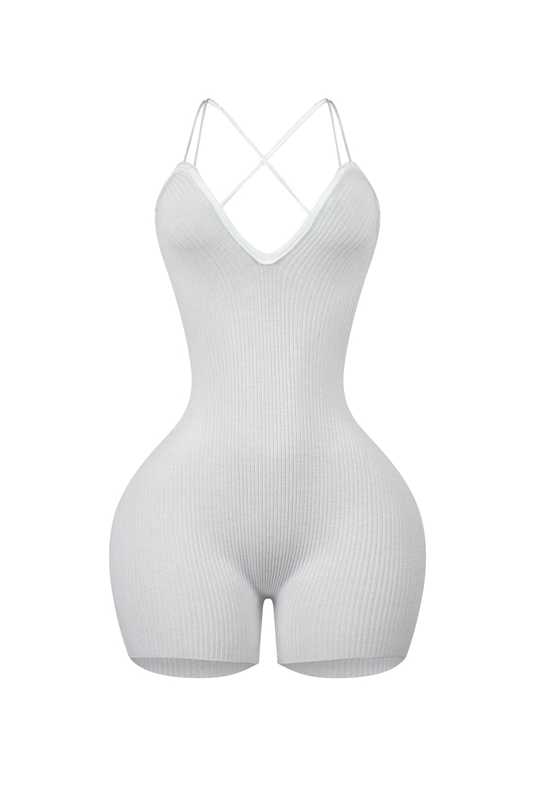 Ribbed knit sleeveless romper with deep V-neck featuring double straps and lace up back
Vertical center seam with ruched and cinches for contouring