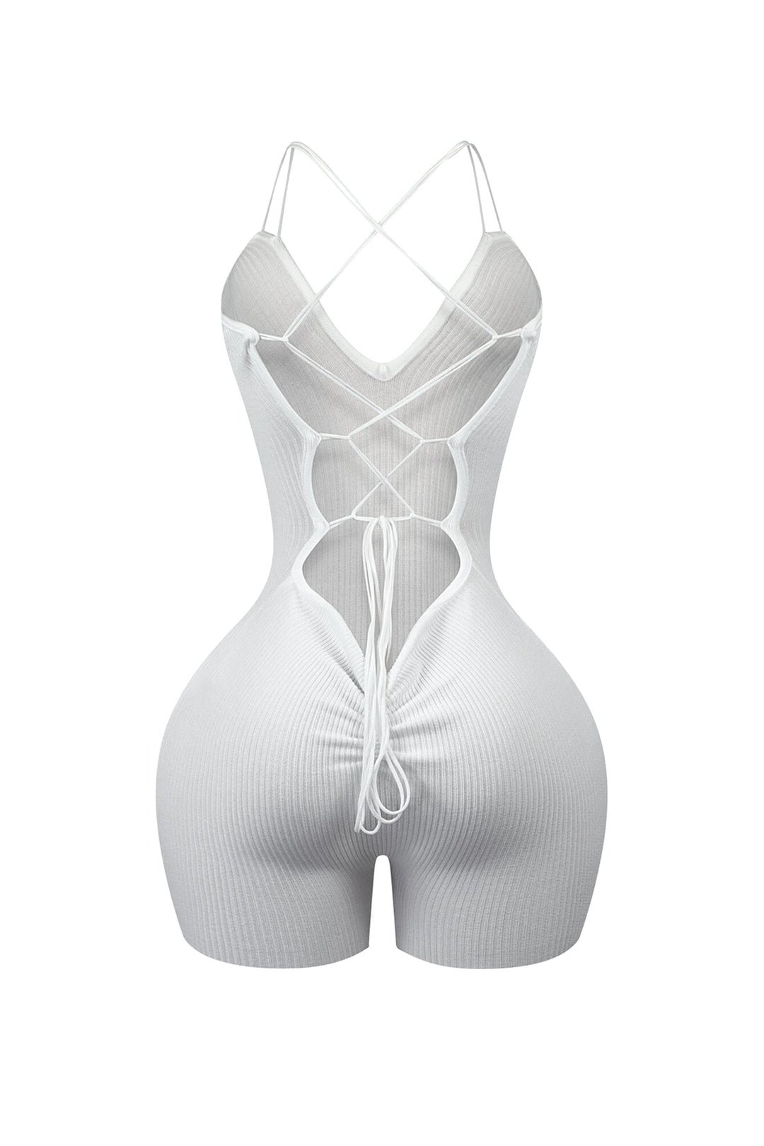 Ribbed knit sleeveless romper with deep V-neck featuring double straps and lace up back
Vertical center seam with ruched and cinches for contouring
