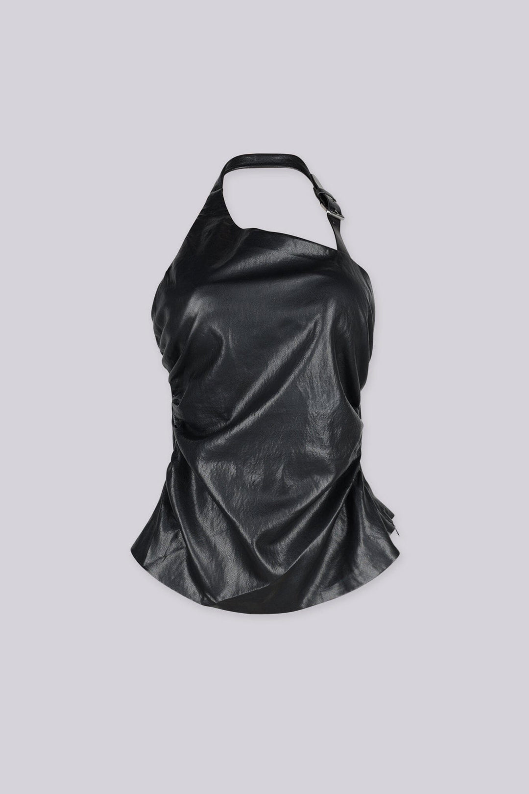 Faux leather one shoulder asymmetric halter top featuring adjustable metal buckle strap detailing