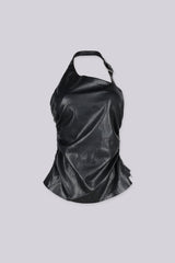 Faux leather one shoulder asymmetric halter top featuring adjustable metal buckle strap detailing
