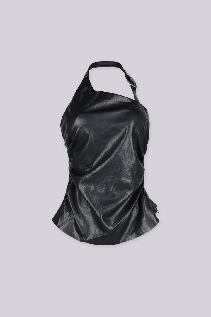 Faux leather one shoulder asymmetric halter top featuring adjustable metal buckle strap detailing