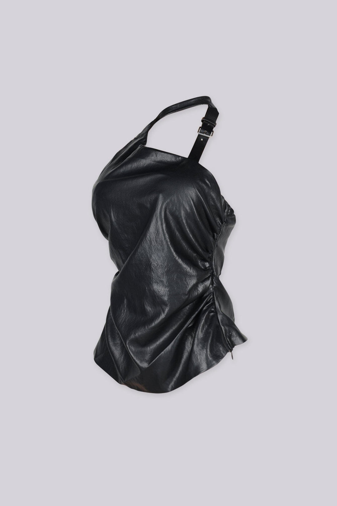 Faux leather one shoulder asymmetric halter top featuring adjustable metal buckle strap detailing