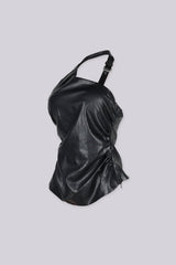 Faux leather one shoulder asymmetric halter top featuring adjustable metal buckle strap detailing
