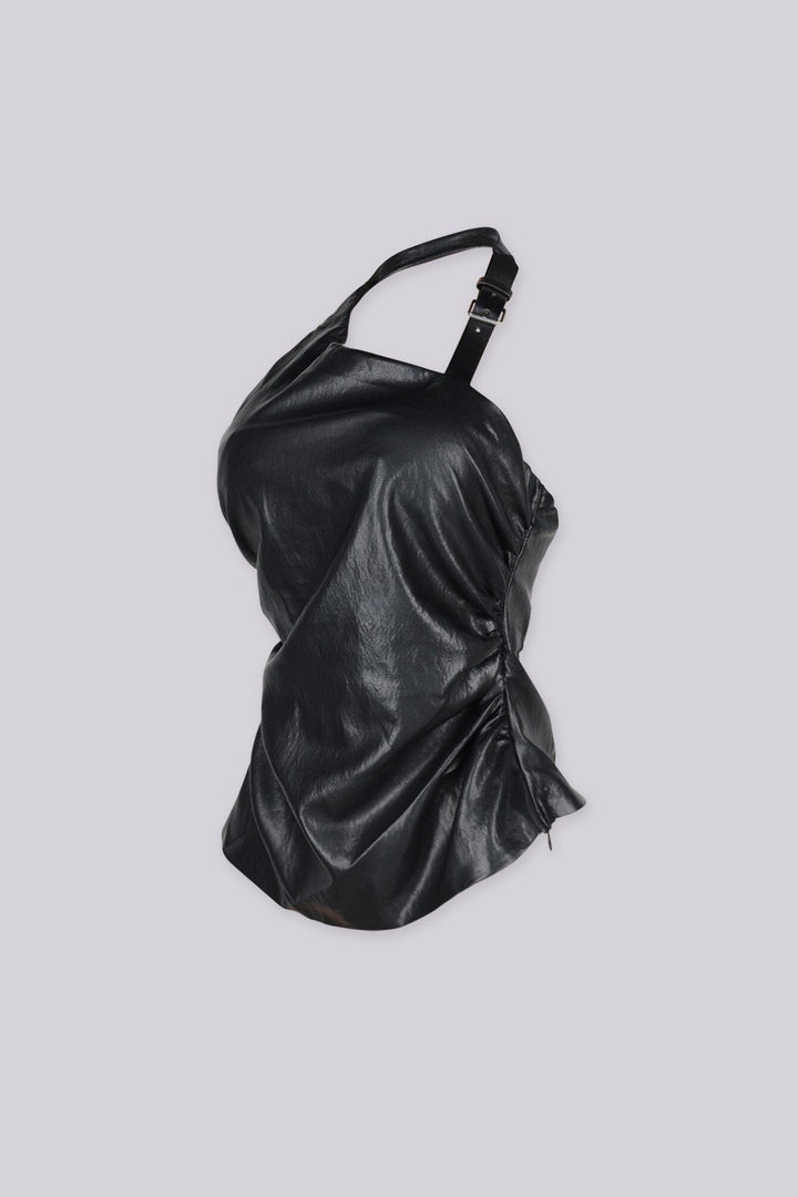 Faux leather one shoulder asymmetric halter top featuring adjustable metal buckle strap detailing