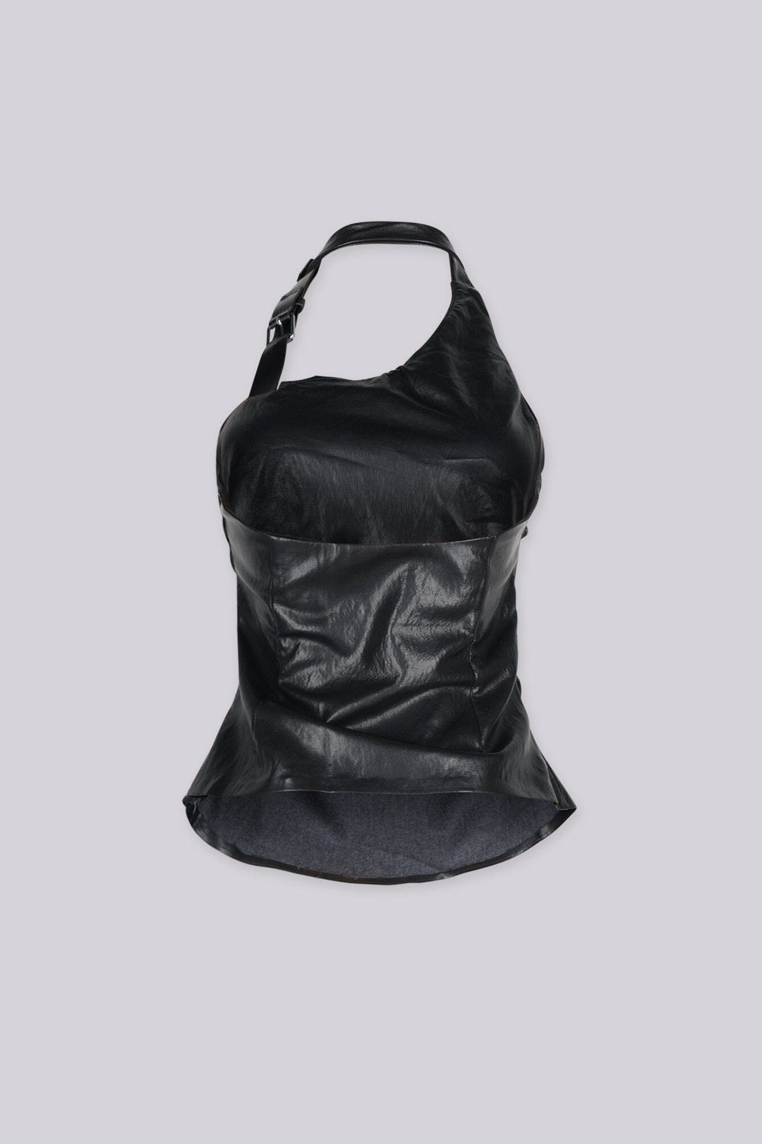 Faux leather one shoulder asymmetric halter top featuring adjustable metal buckle strap detailing